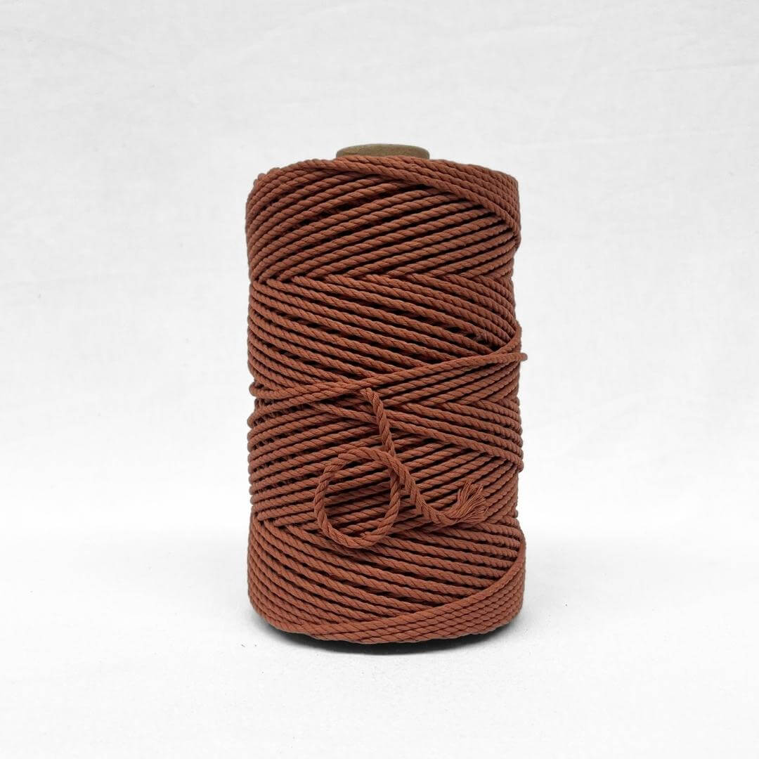 one roll of warm brown coloured cotton rope roll close up image showing texture and softness on white background 